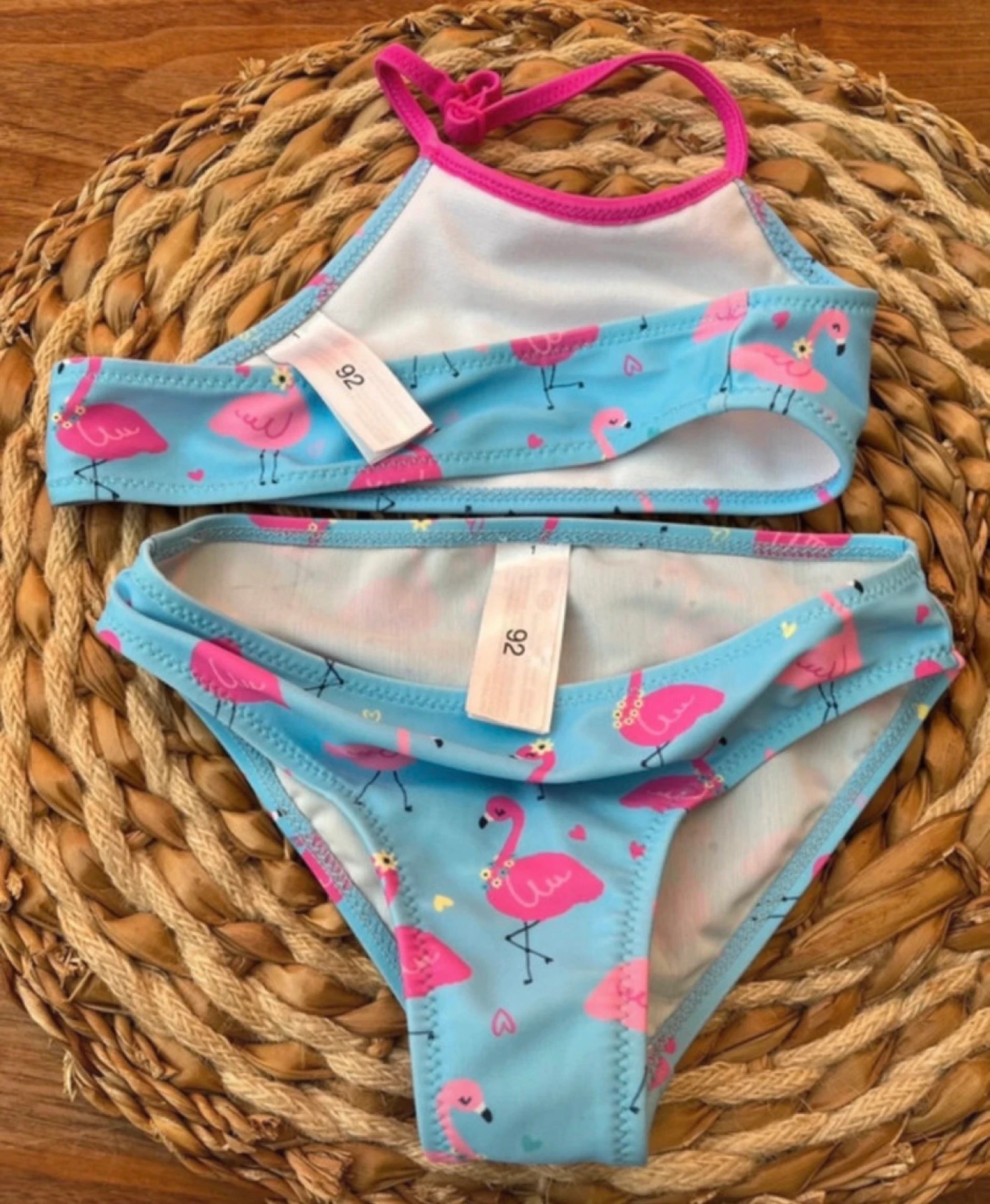 🌸 𝒎𝒛 C&A biquíni meninas | estampa de flamingo azul rosa | tamanho 92 | conjunto de praia de verão – photo 2